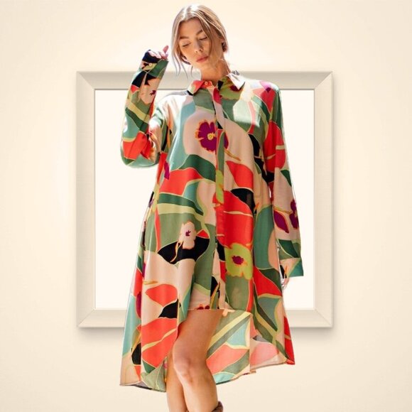 EASEL "The Downtowner" Challis Statement Shirt Dress Geo Print Hi Low Sexy Style - Picture 15 of 16